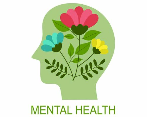 Mental health concept vector illustration. Flowers in human head.